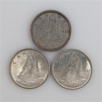 Canadian Silver 10 Cents, 3 Pieces