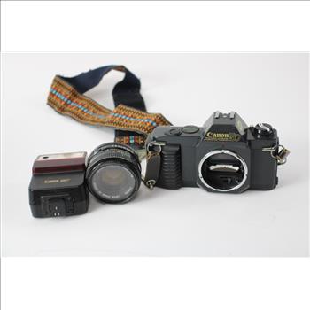 Canon T50 35mm Film SLR Camera, Body, 50mm FD 1:1.8 Lens, Speedlite 244T Flash