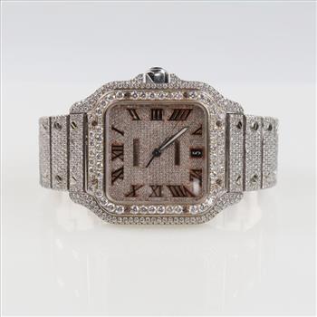 Cartier 13.82cts TW Diamond Santos Watch- Evaluated By Our Certified Gemologist - AGS / GIA