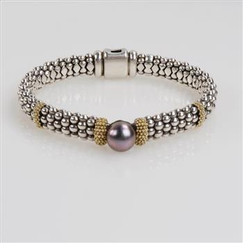 Caviar Lagos Luna Silver & 18kt Gold Black Pearl Bracelet-Evaluated By Certified Gemologist-AGS/GIA
