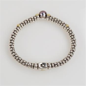 Caviar Lagos Luna Silver & 18kt Gold Black Pearl Bracelet-Evaluated By Certified Gemologist-AGS/GIA