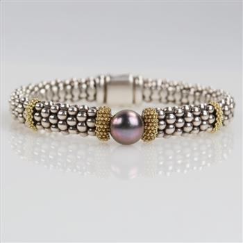 Caviar Lagos Luna Silver & 18kt Gold Black Pearl Bracelet-Evaluated By Certified Gemologist-AGS/GIA