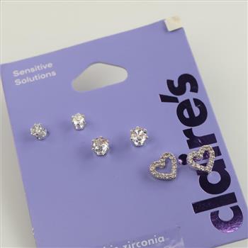 Claire's Sensitive Solutions Grey Metal Clear Stone Stud Earrings, 3 Sets