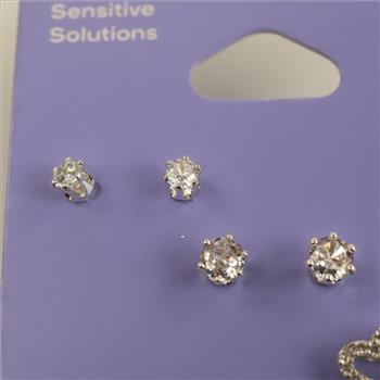Claire's Sensitive Solutions Grey Metal Clear Stone Stud Earrings, 3 Sets