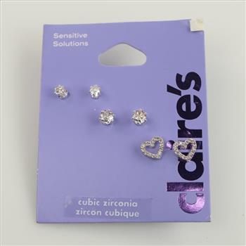 Claire's Sensitive Solutions Grey Metal Clear Stone Stud Earrings, 3 Sets