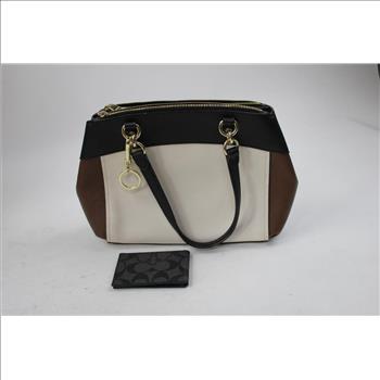 Coach Tricolor Black/White/Brown Leather Handbag With Wallet