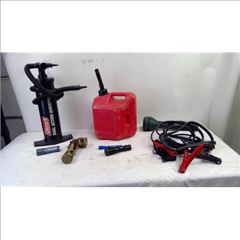Coleman Dual Action Quickpump, Gas Canister, Jumper Cables, Flashlights, 9 Pieces