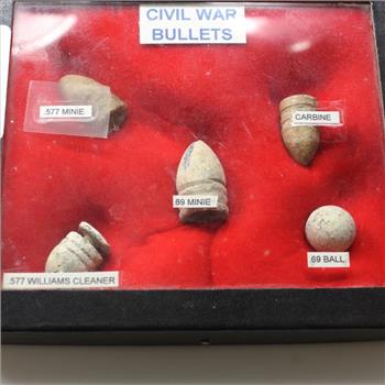 Collection Of Civil War Bullets In Display Case - 5 Pieces
