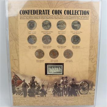 Confederate Coin Collection, Statehood Quarters And Stamp In Display Case, 12 Pieces