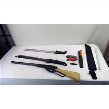 Daisy Bb Rifle, Machete, Misc Knives, 6 Pieces