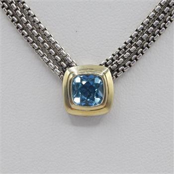 David Yurman Blue Topaz Albion 18kt Gold Accent Pendant Silver Triple Box Chain Necklace