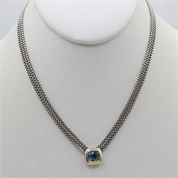 David Yurman Blue Topaz Albion 18kt Gold Accent Pendant Silver Triple Box Chain Necklace