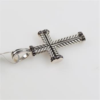 David Yurman Silver Chevron Black Diamond Cross Pendant