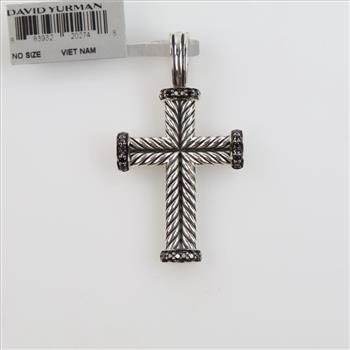 David Yurman Silver Chevron Black Diamond Cross Pendant