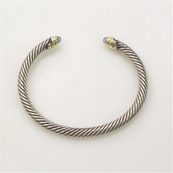 David Yurman Sterling Silver, 14KT Gold Accent And Blue Stone Bangle Bracelet