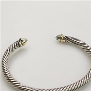 David Yurman Sterling Silver, 14KT Gold Accent And Blue Stone Bangle Bracelet