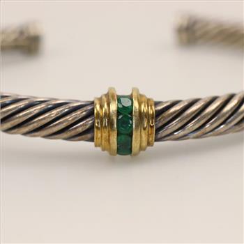 David Yurman Sterling Silver 14kt Gold Natural Emerald Twisted Rope Cuff Bracelet