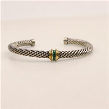 David Yurman Sterling Silver 14kt Gold Natural Emerald Twisted Rope Cuff Bracelet