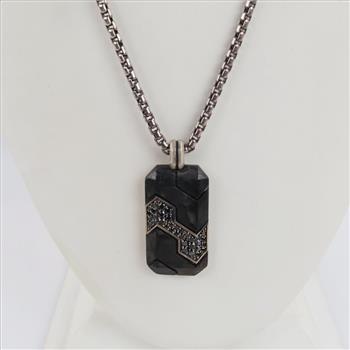 David Yurman Sterling Silver Carbon And Diamond DogTag And Box Chain Necklace