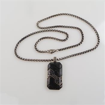 David Yurman Sterling Silver Carbon And Diamond DogTag And Box Chain Necklace
