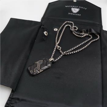 David Yurman Sterling Silver Carbon And Diamond DogTag And Box Chain Necklace