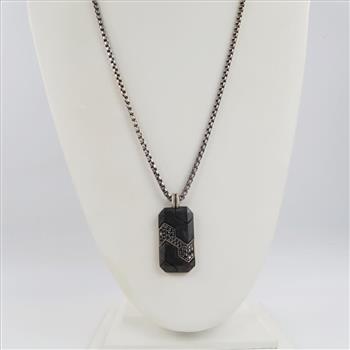 David Yurman Sterling Silver Carbon And Diamond DogTag And Box Chain Necklace