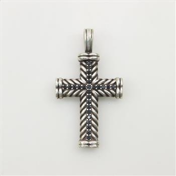 David Yurman Sterling Silver Chevron Cross Pendant With Pave Black Diamonds