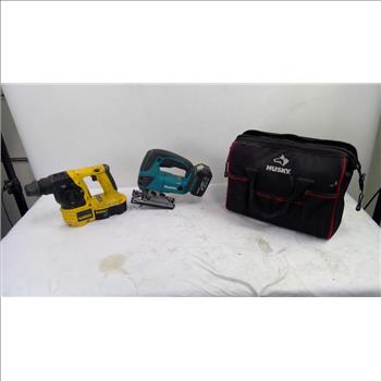 Dewalt 18V SDS Hammer, And Makita Jigsaw, With Husky Tool Bag, 3 Pieces