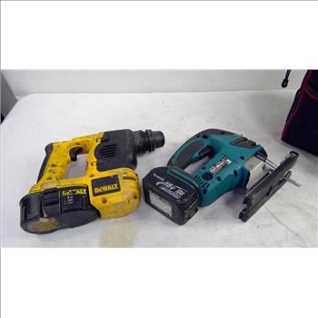 Dewalt 18V SDS Hammer, And Makita Jigsaw, With Husky Tool Bag, 3 Pieces
