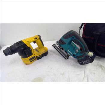 Dewalt 18V SDS Hammer, And Makita Jigsaw, With Husky Tool Bag, 3 Pieces