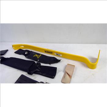 Dewalt Crowbar, Tube Flasks, Knives And Knife Sheaths, 9 Pieces
