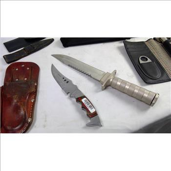 Dewalt Crowbar, Tube Flasks, Knives And Knife Sheaths, 9 Pieces