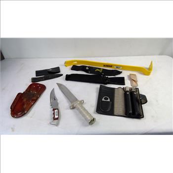Dewalt Crowbar, Tube Flasks, Knives And Knife Sheaths, 9 Pieces