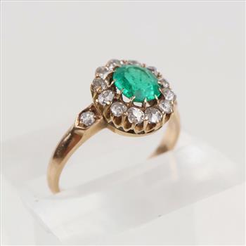Diamond And Emerald 14kt Gold 0.42ctTW Antique Ring- Evaluated By Certified Gemologist - AGS / GIA