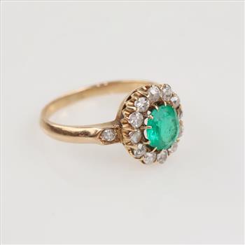 Diamond And Emerald 14kt Gold 0.42ctTW Antique Ring- Evaluated By Certified Gemologist - AGS / GIA
