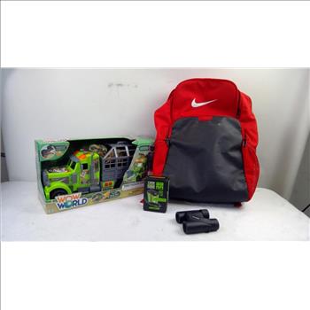 Dino Truck Toy, Nike Red Backpack, Car Power Inverter, Binoculars