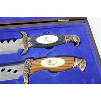 Eagle Motif Knife Set In Wood Collector Box, 3 Pieces
