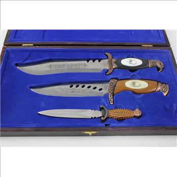 Eagle Motif Knife Set In Wood Collector Box, 3 Pieces