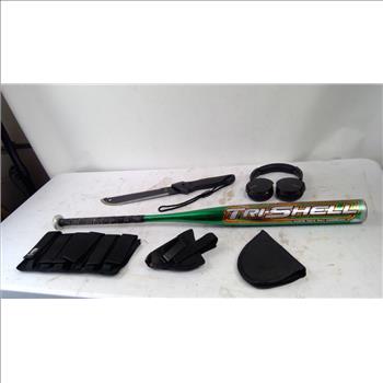 Easton Baseball Bat, Headphones, Machete, Gun Holsters, Magazine Pouch, 6 Pieces
