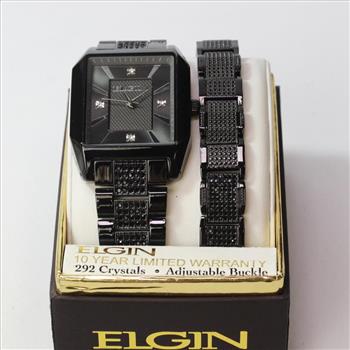 Elgin Black Textured Watch And Bracelet Set