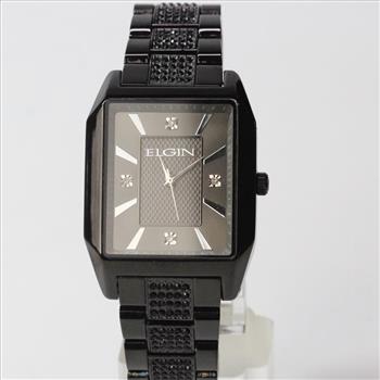 Elgin Black Textured Watch And Bracelet Set