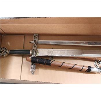 Excalibur King Arthur Sword, Smallsword, And Pair Of Medieval Flails, 4 Pieces