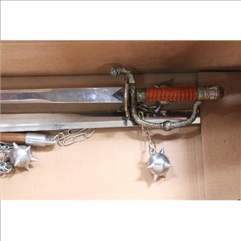 Excalibur King Arthur Sword, Smallsword, And Pair Of Medieval Flails, 4 Pieces