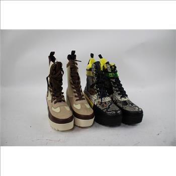 Fashion Nova Snakeskin Neon Yellow Boots, Brown/Beige Boots, Sizes 8, 8M, 2 Pieces