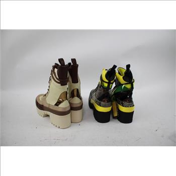 Fashion Nova Snakeskin Neon Yellow Boots, Brown/Beige Boots, Sizes 8, 8M, 2 Pieces