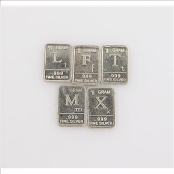 Fine Silver 1 Gram Bar, 5 Pieces