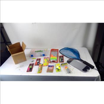 Fishing Supplies Including Wicked Fish Lures, Net, And Shortbus Flashers