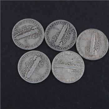 Five US Mercury Silver Dimes