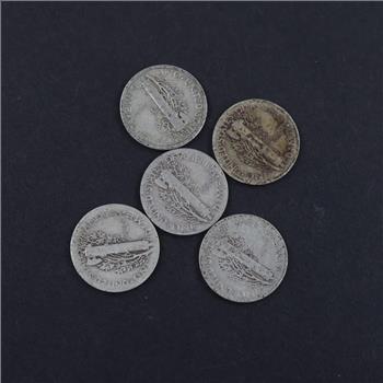 Five US Mercury Silver Dimes