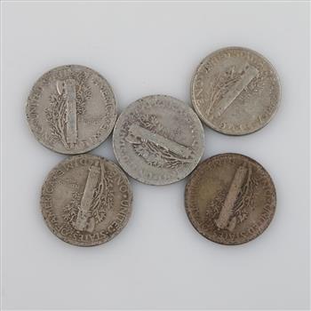 Five US Mercury Silver Dimes